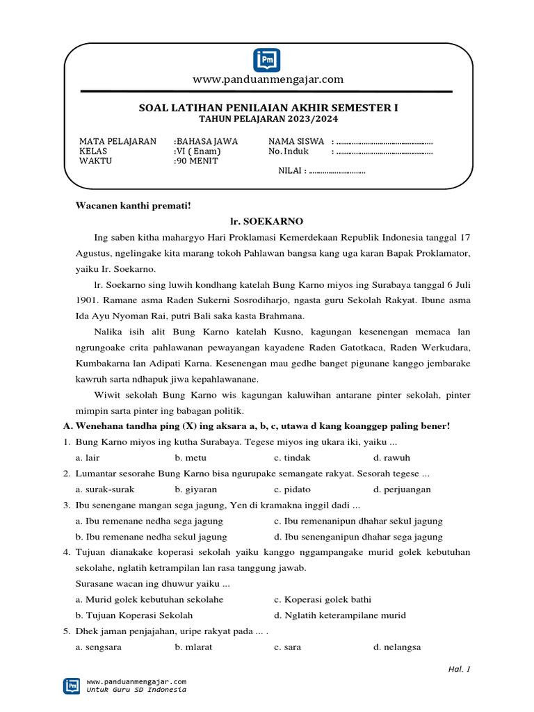 Kumpulan Soal Bahasa Jawa Kelas 6 Semester 1 Panduan Lengkap Kumpulan Soal Bahasa Jawa Kelas 6 Semester 1 Panduan Lengkap