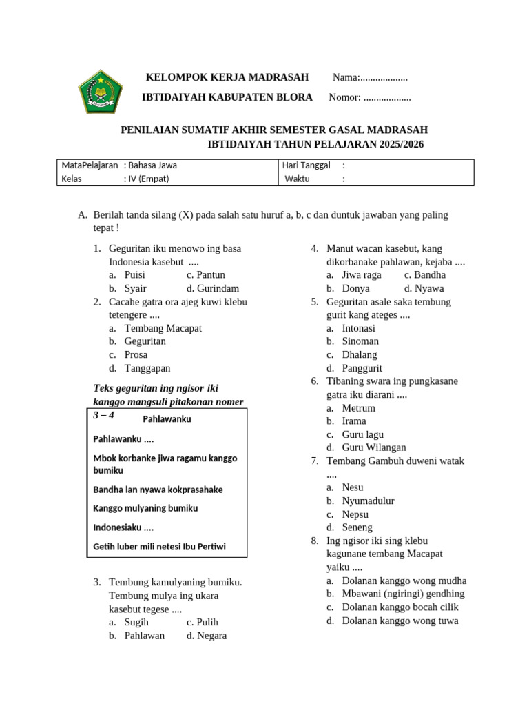 5 Soal Basa Jawa Kelas 4 Semester 1 yang Wajib Dikuasai Murid