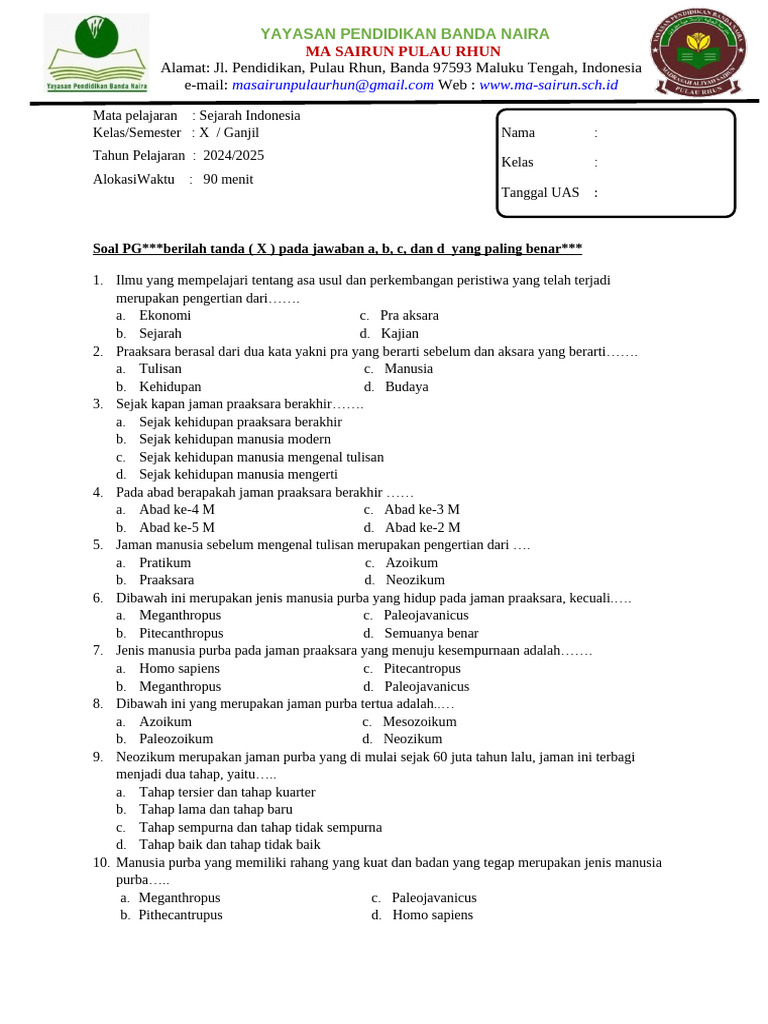 Soal UAS Sejarah Indonesia Kelas X PDF