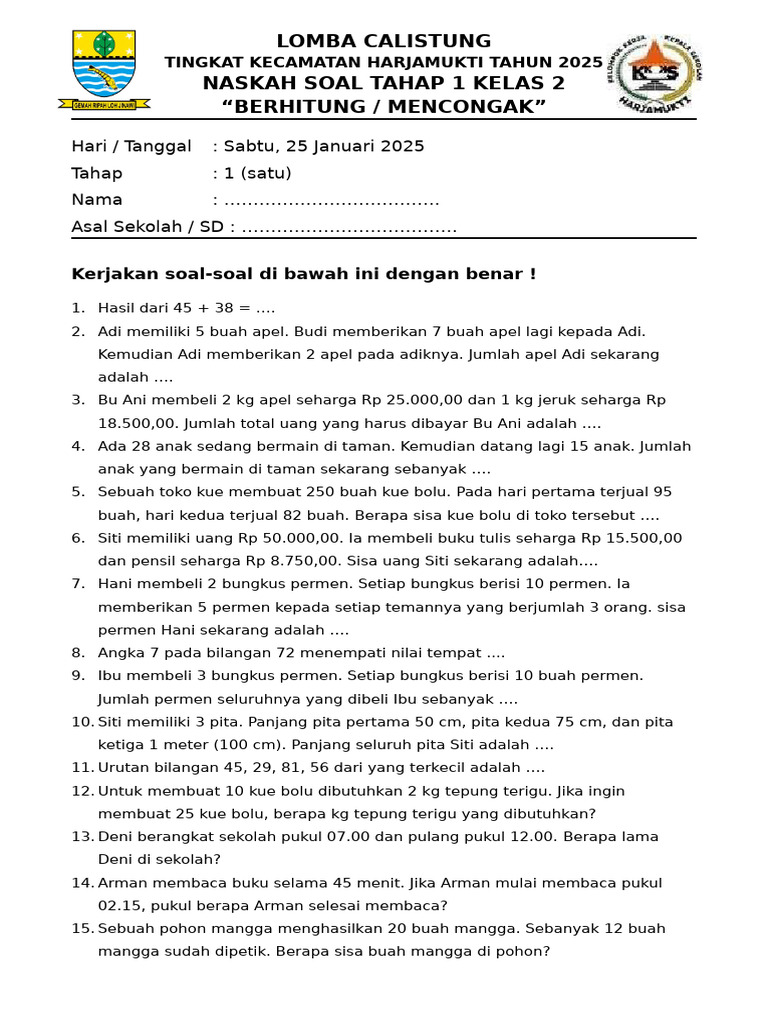 Lomba Calistung Kelas 2 - 2025 PDF Lomba Calistung Kelas 2 - 2025 PDF