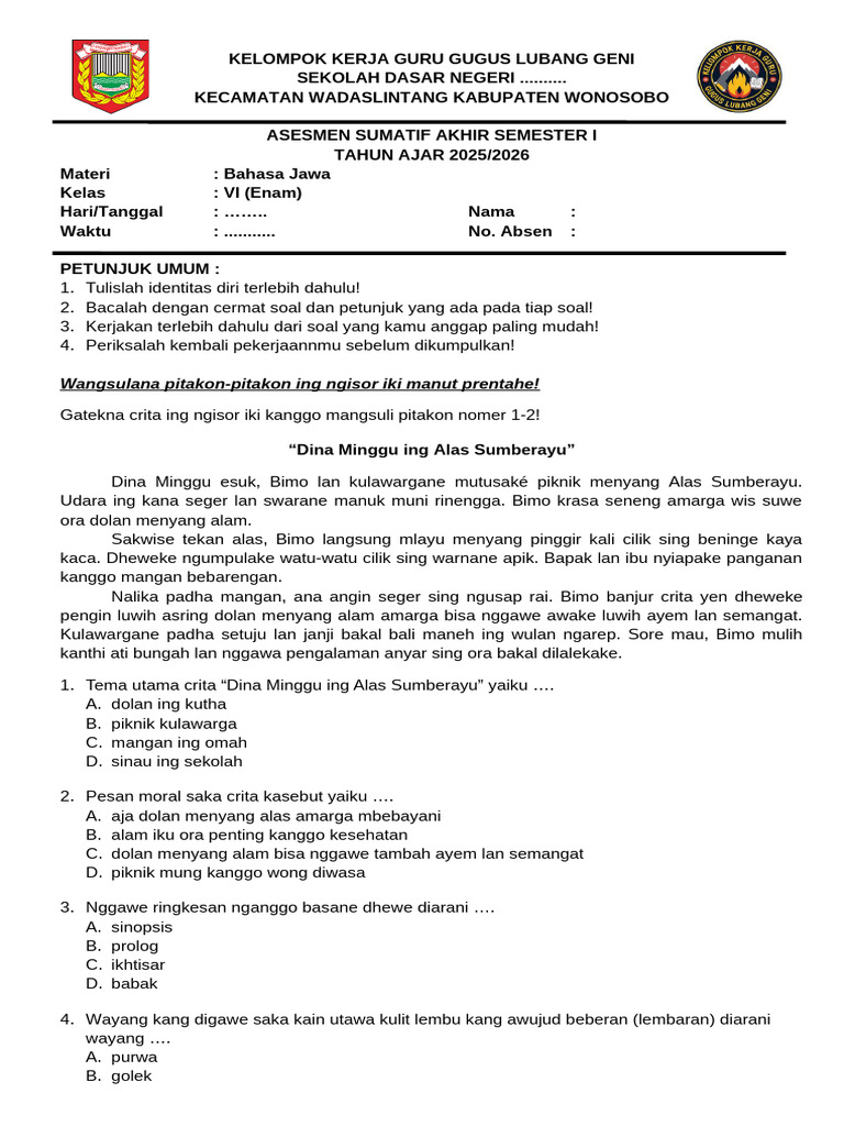 Ternyata Ini Soal Bahasa Jawa Kelas 6 Semester 2 dan Kunci Jawabannya Ternyata Ini Soal Bahasa Jawa Kelas 6 Semester 2 dan Kunci Jawabannya