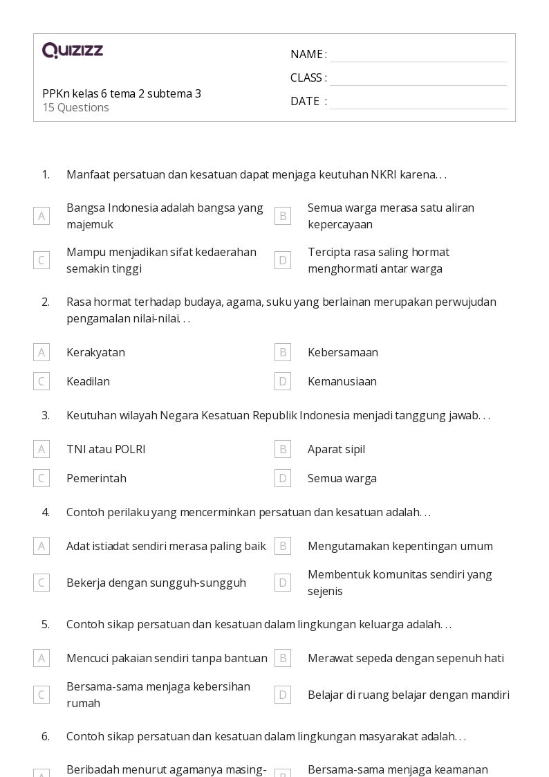 50 lembar kerja Komunitas Budaya untuk Kelas 6 di Quizizz Gratis