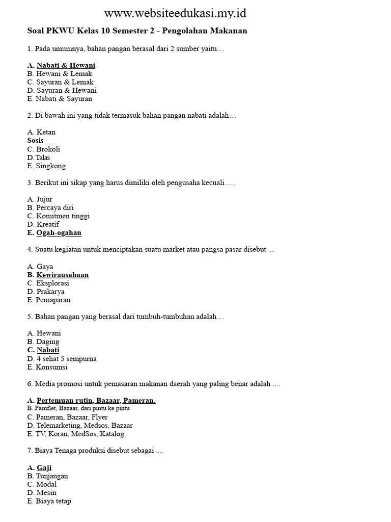 Soal PKWU Kelas 10 Pengolahan Makanan PDF Soal PKWU Kelas 10 Pengolahan Makanan PDF