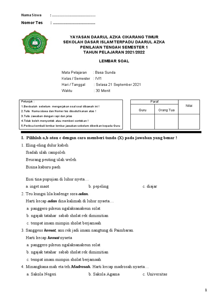 5 Soal UAS Bahasa Sunda Kelas 4 Semester 1 yang Wajib Dikuasai