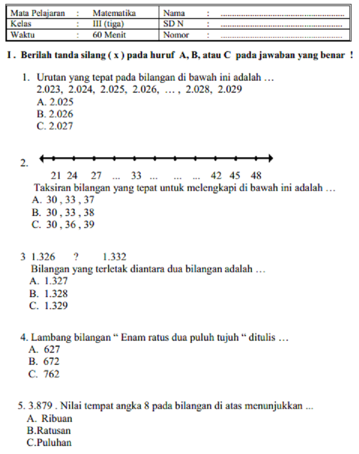 7 Lembar Kerja Soal UAS Matematika Kelas 3 Semester 1 Siap Cetak, Wajib Coba!