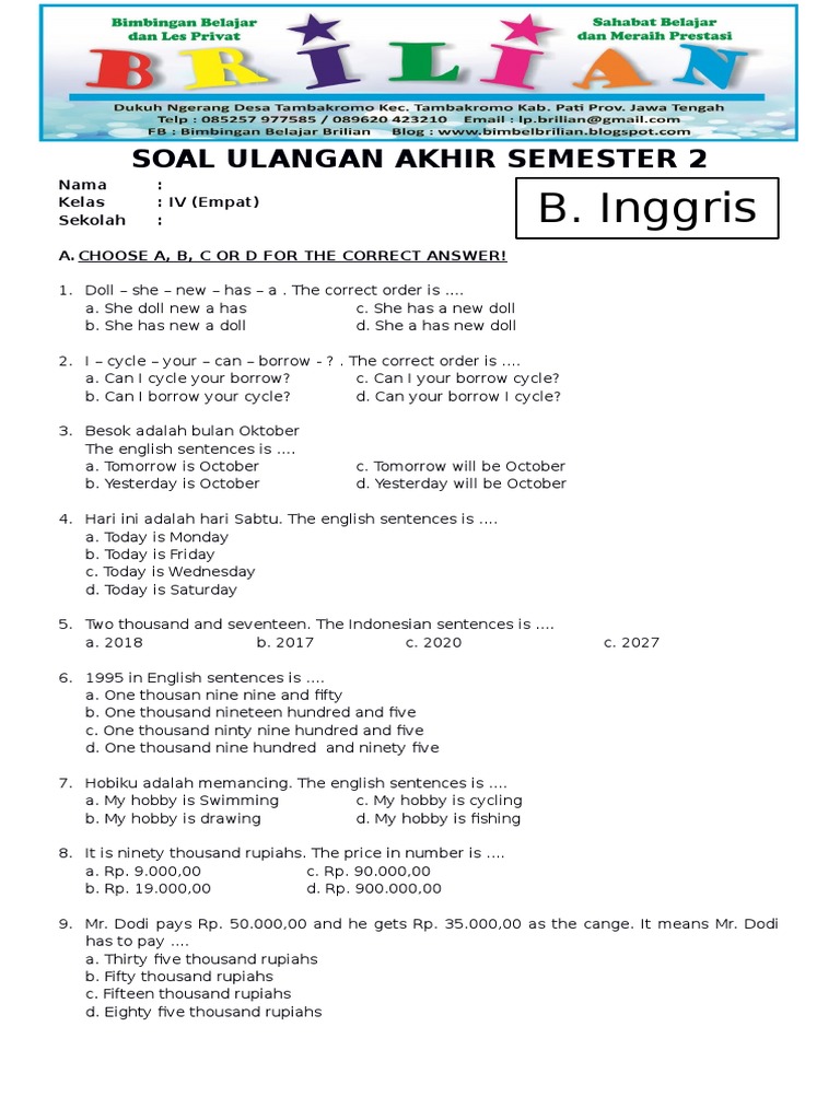 Ternyata Ini Soal Bahasa Inggris Kelas 4 Semester 1 dan Kunci Jawaban Lengkap