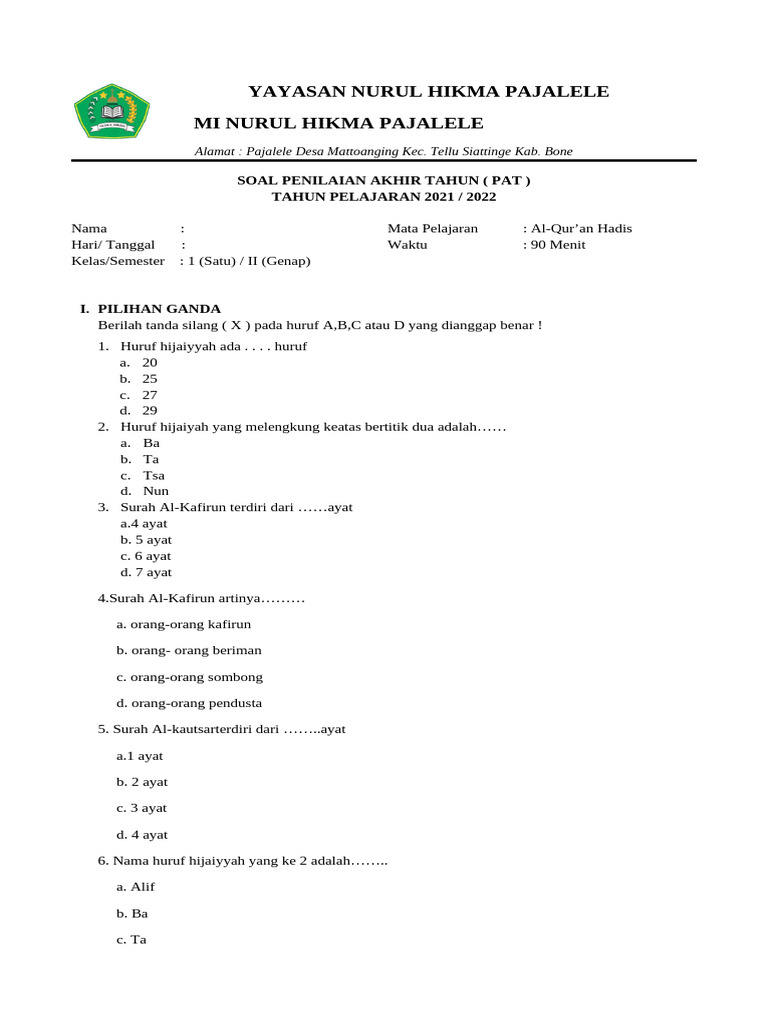 Soal PAT Al-Qur an Hadis Kelas 1 PDF Soal PAT Al-Qur an Hadis Kelas 1 PDF
