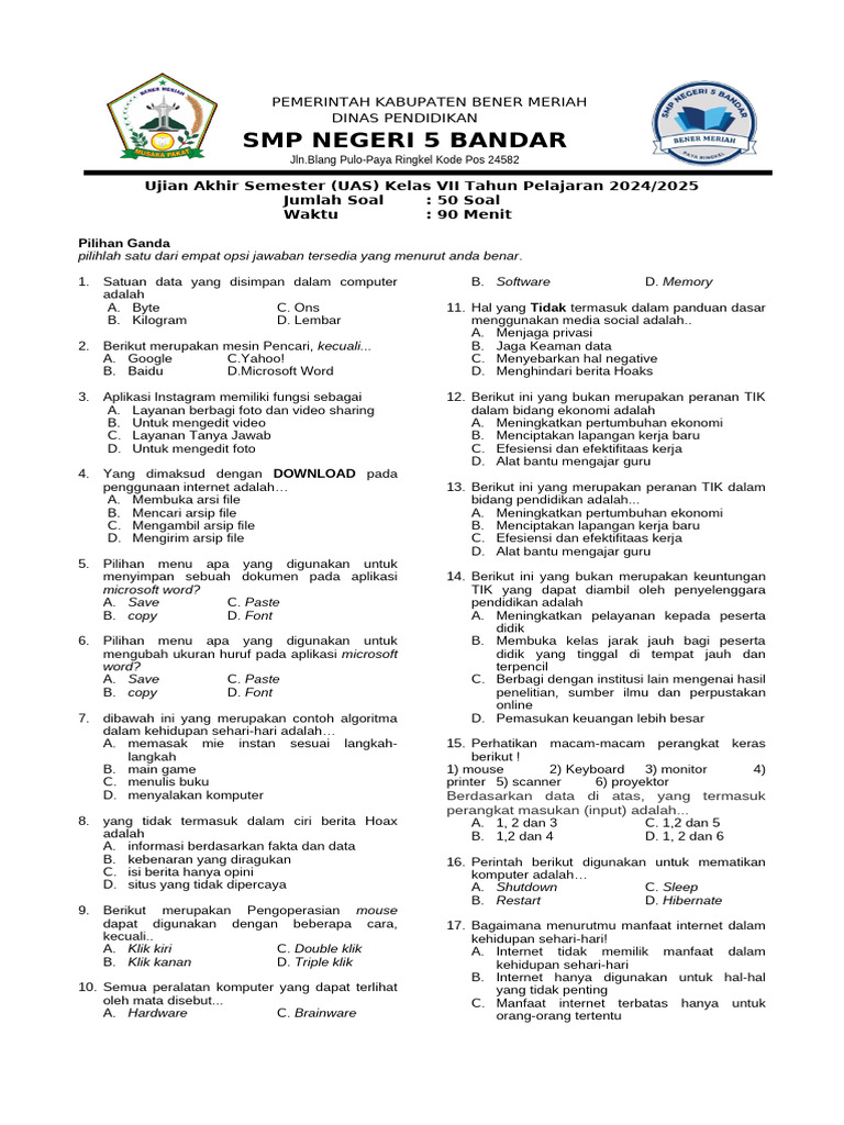 Soal TIK Kelas 7 Semester 2 F4 PDF Soal TIK Kelas 7 Semester 2 F4 PDF