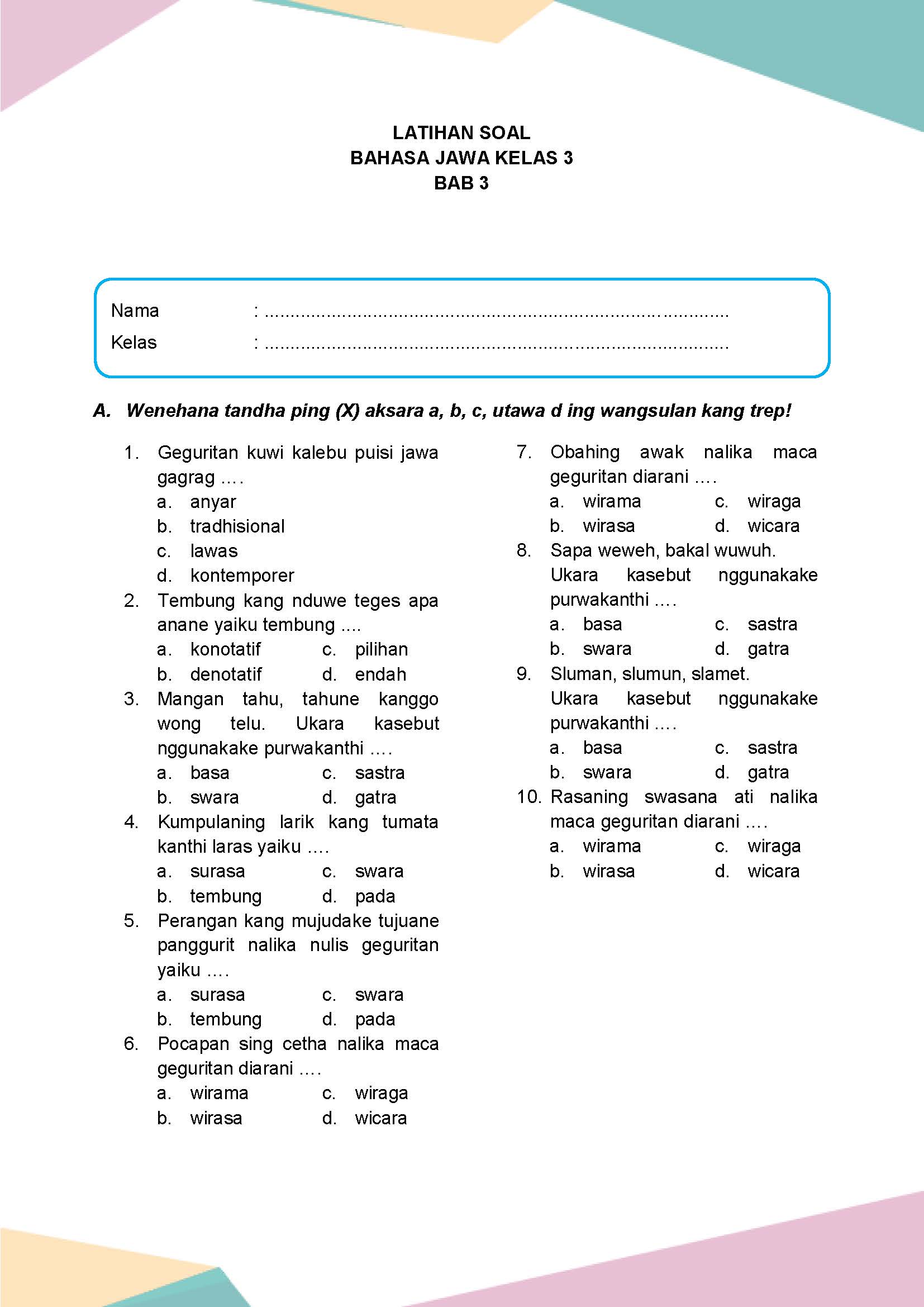 5 Soal Bhs Jawa Kelas 3 SD Format Word Siap Cetak Bisa Download Free Sekarang