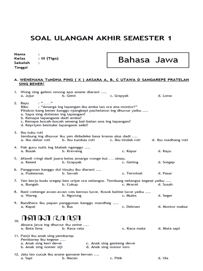 Wajib Tahu! Download Kisi Kisis dan Soal UTS Bahasa Jawa Kelas 3 Semester 1 Kurikulum Merdeka 2026 Wajib Tahu! Download Kisi Kisis dan Soal UTS Bahasa Jawa Kelas 3 Semester 1 Kurikulum Merdeka 2026