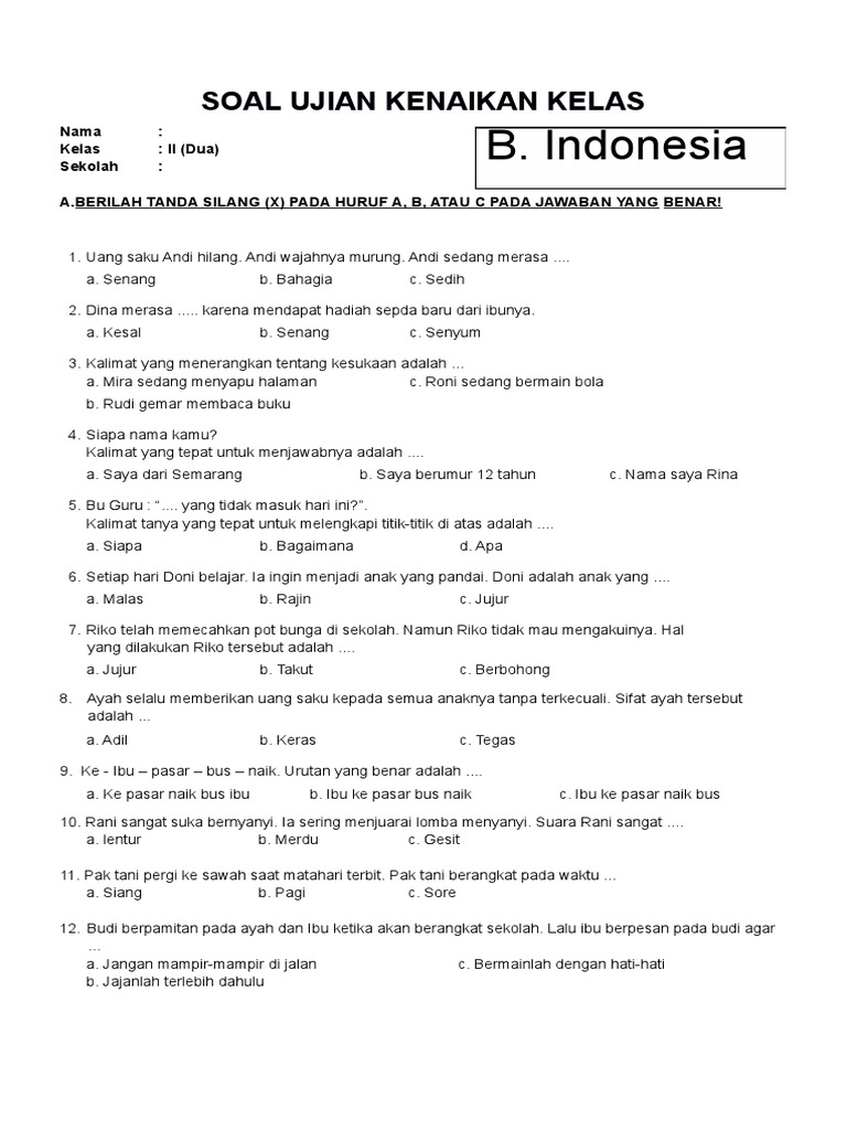 7 Contoh Soal UAS Kelas 2 Semester 2 Bahasa Indonesia yang Wajib Dipelajari Sekarang
