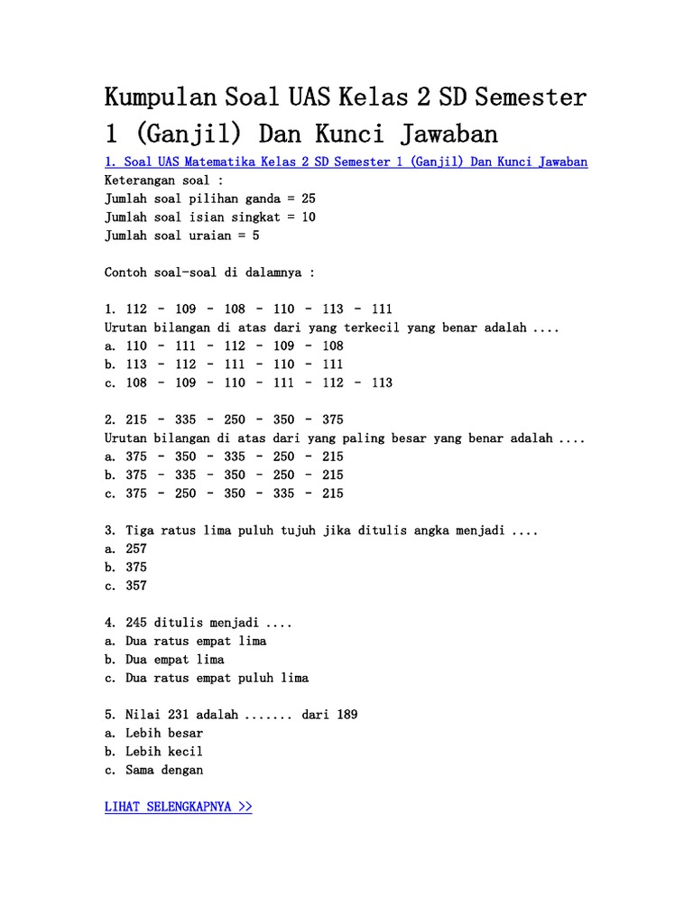 Kumpulan Soal UAS Kelas 2 SD Semester 1 PDF Kumpulan Soal UAS Kelas 2 SD Semester 1 PDF