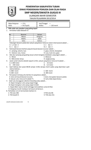 NASKAH SOAL UAS IPA SMP KELAS 7 SEM 1 TP 2013-2014 DOC NASKAH SOAL UAS IPA SMP KELAS 7 SEM 1 TP 2013-2014 DOC