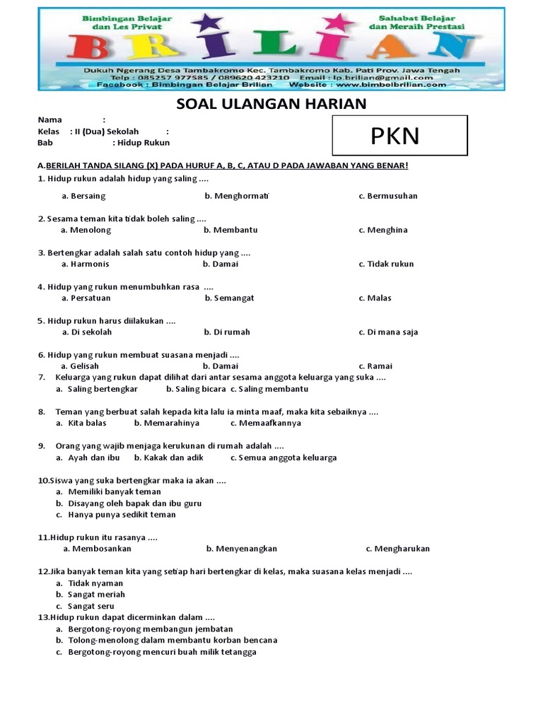 Soal PKN Kelas 2 Hidup Rukun PDF Soal PKN Kelas 2 Hidup Rukun PDF