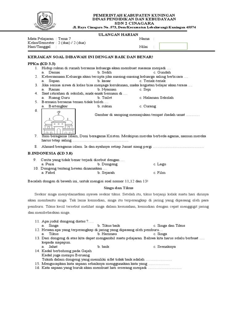 Soal Ulangan Tema 7 Kelas 2 SD PDF