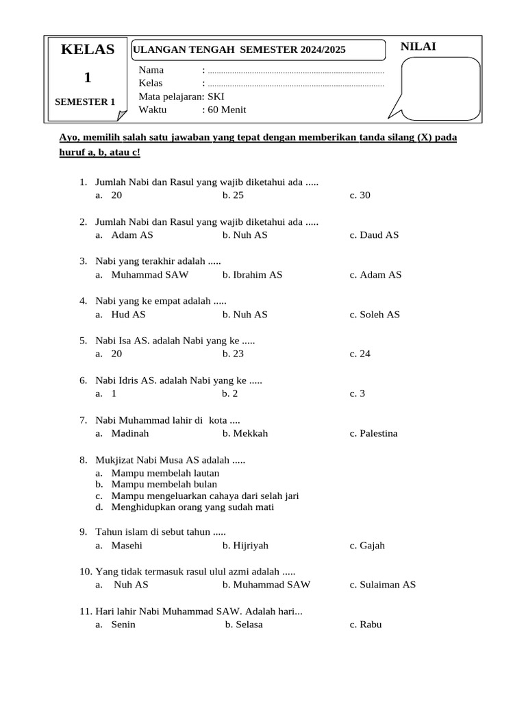 Ini Dia Contoh Soal UAS SKI Kelas 1 MI Semester 1 yang Wajib Dikuasai Sebelum Ujian Ini Dia Contoh Soal UAS SKI Kelas 1 MI Semester 1 yang Wajib Dikuasai Sebelum Ujian