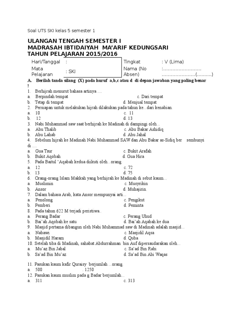 Soal UTS SKI Kelas 5 Semester 1 PDF Seni Agama Spiritualitas