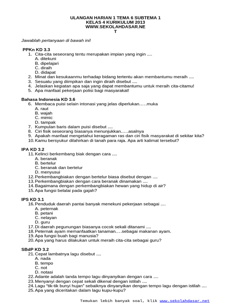 Terbukti! Download PDF Soal Ulangan Harian Kelas 4 Tema 6 Gratis Sebelum Terlambat Terbukti! Download PDF Soal Ulangan Harian Kelas 4 Tema 6 Gratis Sebelum Terlambat
