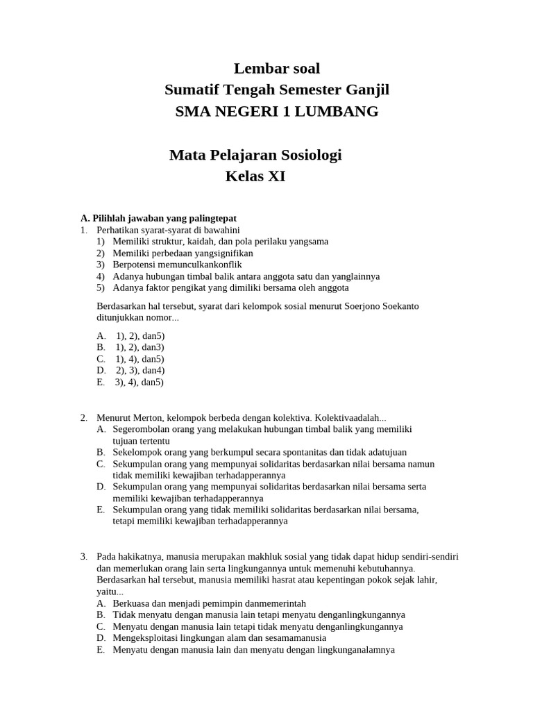 Terbukti! contoh soal uas sosiologi kelas 11 semester 1 40 soal lengkap, belajar 2026
