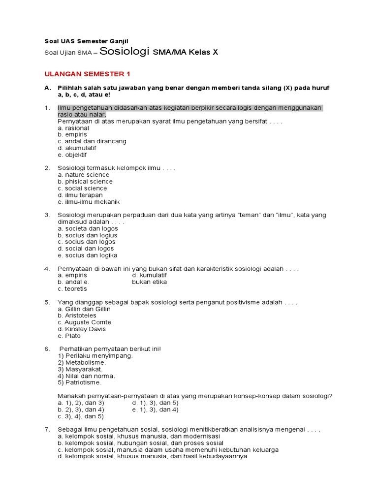 Soal UAS Sosiologi Kelas 10 Semester 1 PDF Soal UAS Sosiologi Kelas 10 Semester 1 PDF
