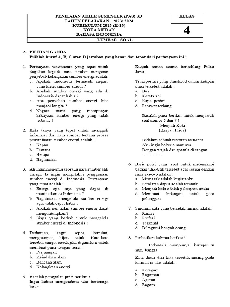 Soal PAS Kelas 4 SD 2023 2024 PDF