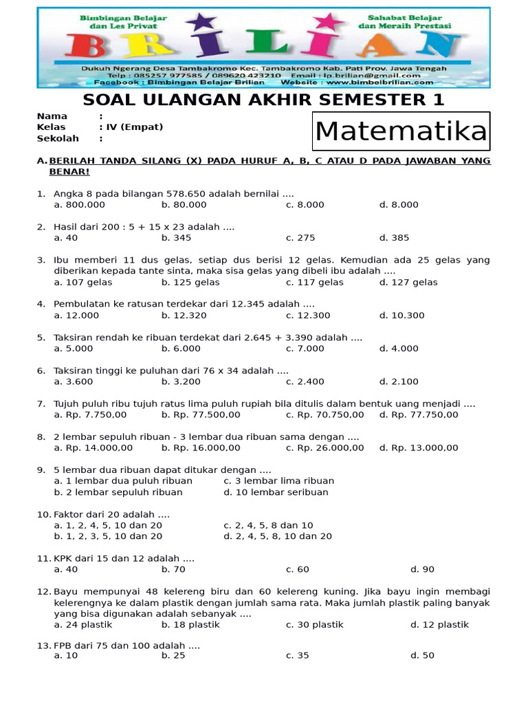 Rahasia Skor Sempurna Kerjakan Soal Pilihan Ganda Matematika Kelas 4 SD Semester 1 Rahasia Skor Sempurna Kerjakan Soal Pilihan Ganda Matematika Kelas 4 SD Semester 1