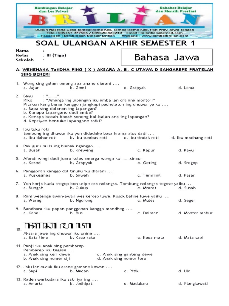 Wajib Tahu! Kumpulan Soal Semester Akhir Bahasa Jawa Kelas 3 Terbaru Agar Nilai Sempurna Wajib Tahu! Kumpulan Soal Semester Akhir Bahasa Jawa Kelas 3 Terbaru Agar Nilai Sempurna