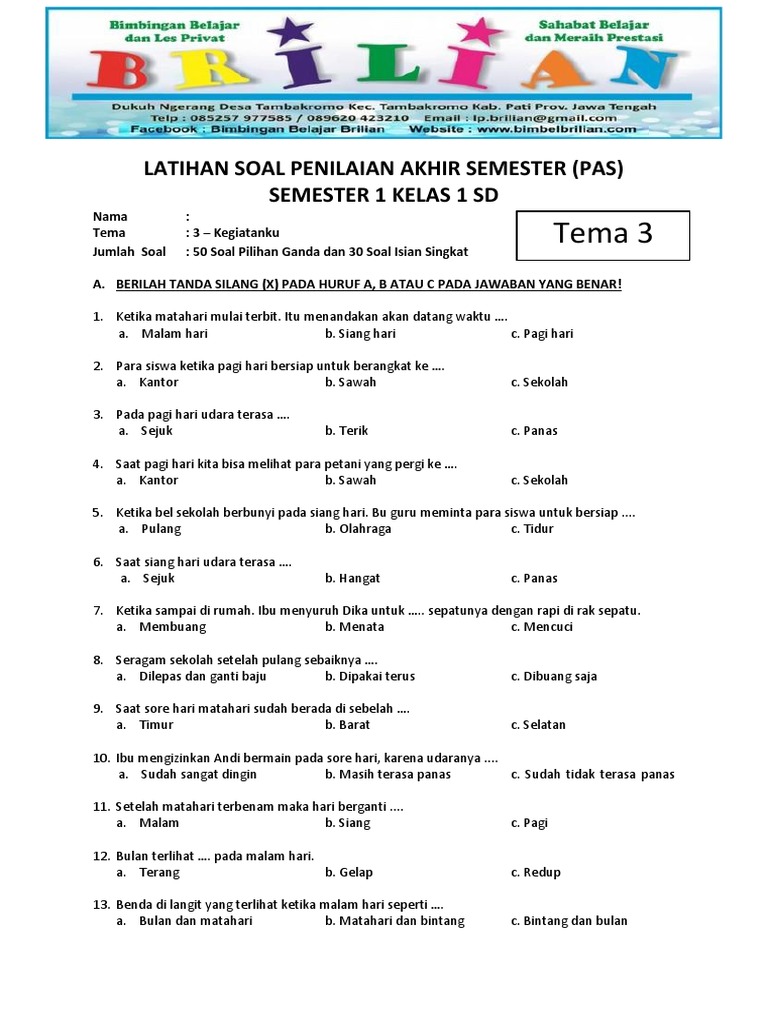 Wajib Tahu Kumpulan Soal Semester Ganjil Tema 3 Kegiatanku Kelas 1 SD K13 Terbaru