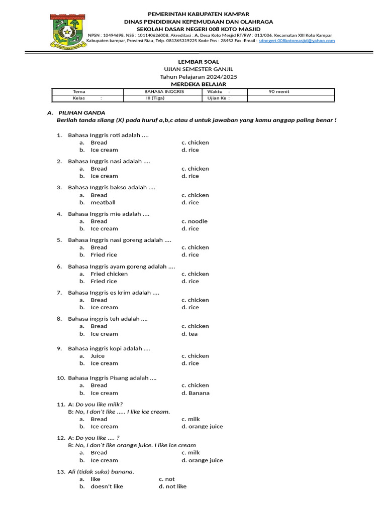 Wajib Tahu! Kumpulan soal semester ganjil b.inggris kelas 3 sd Paling Akurat Wajib Tahu! Kumpulan soal semester ganjil b.inggris kelas 3 sd Paling Akurat