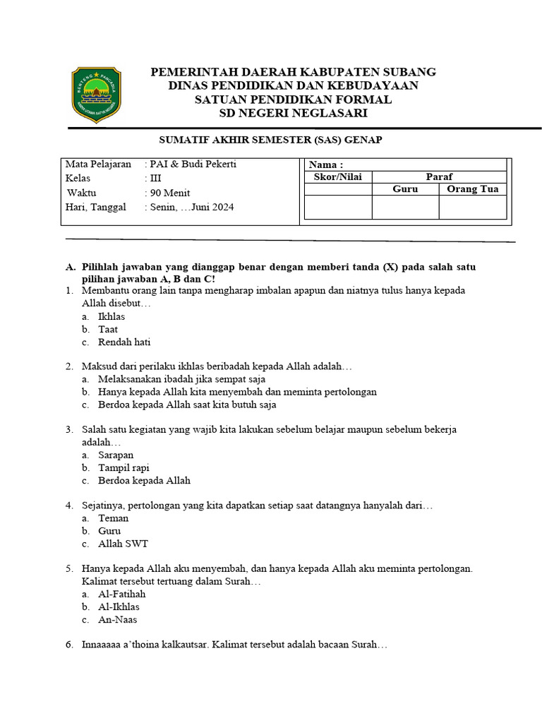 Wajib Tahu Rahasia Bocoran Soal Semester 2 PAI Kelas 3 Agar Nilai Sempurna Wajib Tahu Rahasia Bocoran Soal Semester 2 PAI Kelas 3 Agar Nilai Sempurna